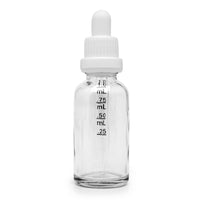 30ml Glass Dropper Bottles w/Measurements & Tamper Proof Lid | Clear Bottle & White Cap | 120pc Case