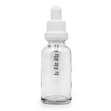 30ml Glass Dropper Bottles w/Measurements & Tamper Proof Lid | Clear Bottle & White Cap | 120pc Case