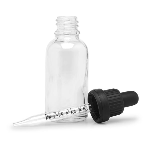 30ml Glass Dropper Bottles w/Measurements & Tamper Proof Lid | Clear Bottle & Black Cap | 120pc Case